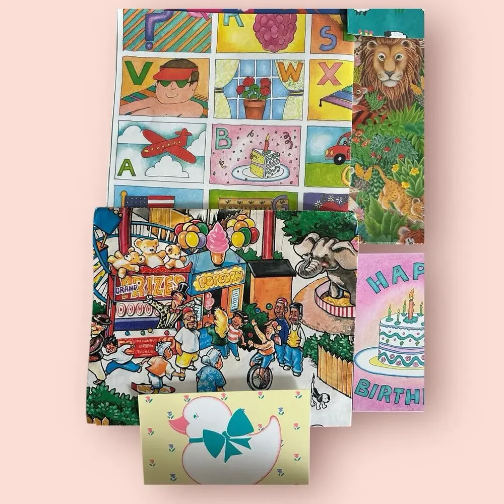 Vtg GIFT WRAP FOLDED PAPER SHEETS Wrapping Kids Birthday Animals 90s Y2K Funny